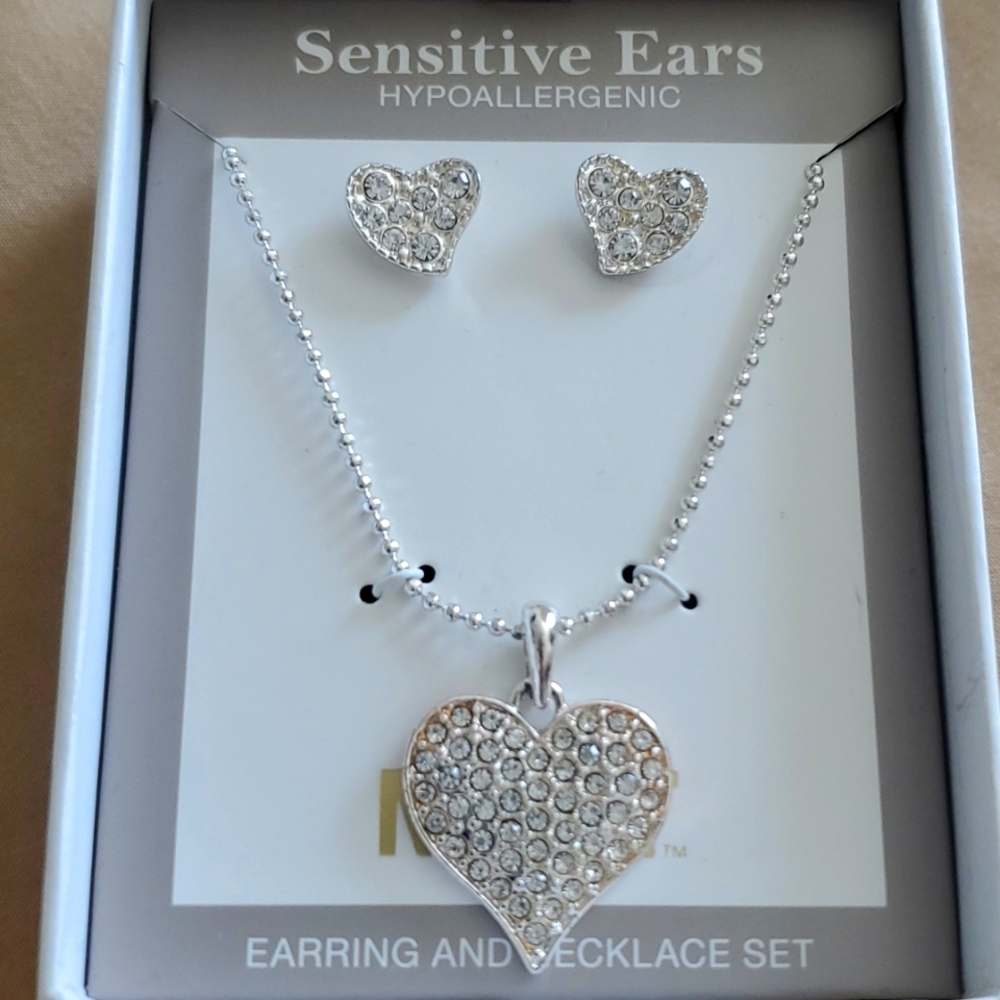 Mixit Silver Rhinestones Sensitive Ears Earring and Necklace Set
